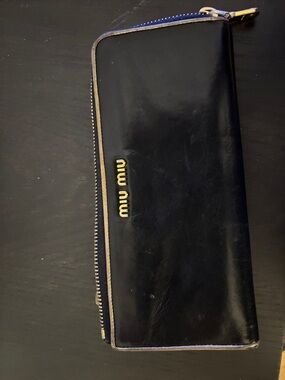 Miu Miu Black Leather Zip Wallet with Gold Logo